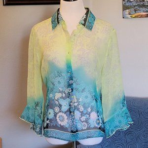 Teal and Yellow Nicola Long Sleeve Sheer Blouse